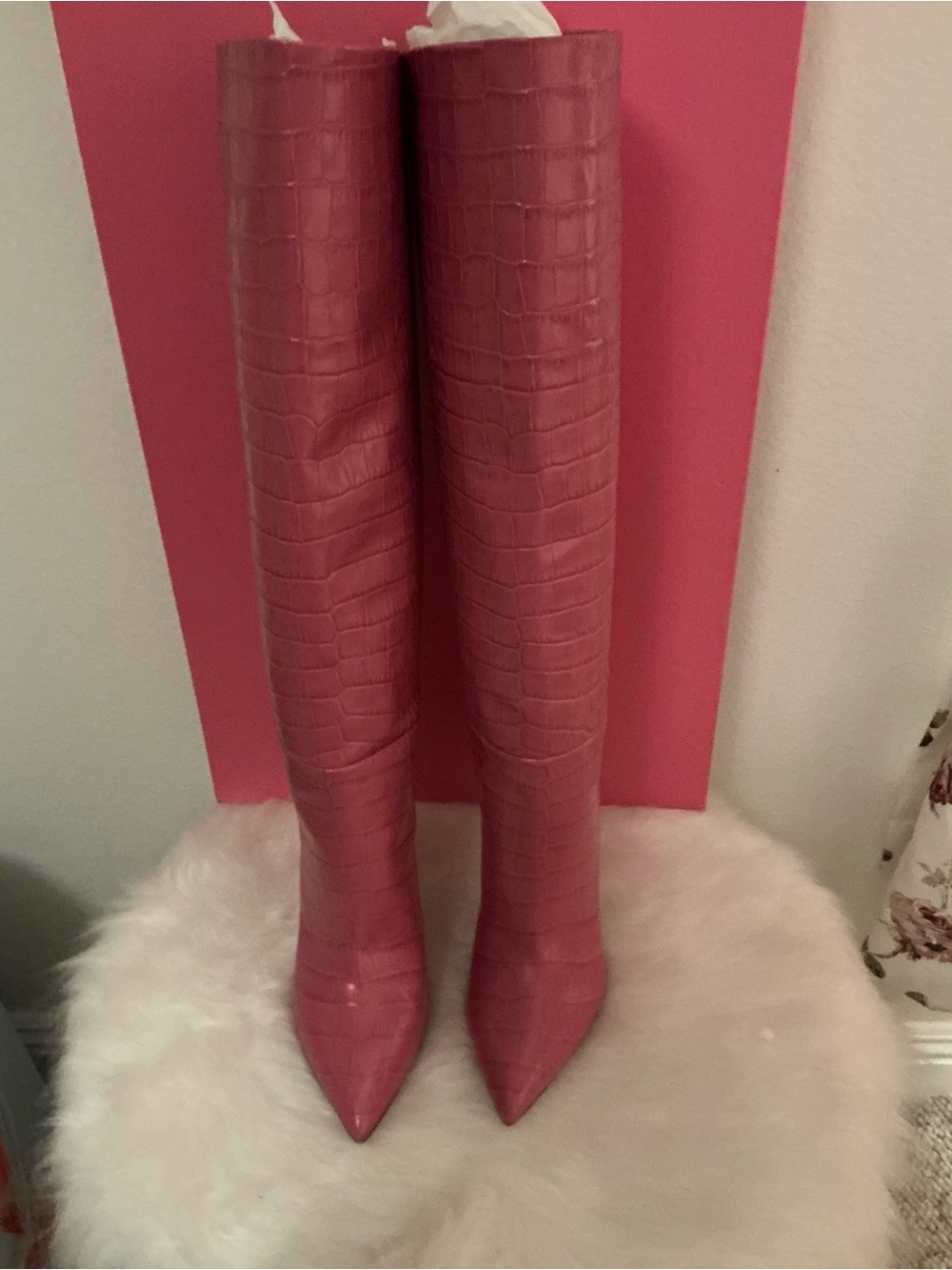 Paris Texas Pink Croc-Embossed Knee-High Pointed Toe Boots